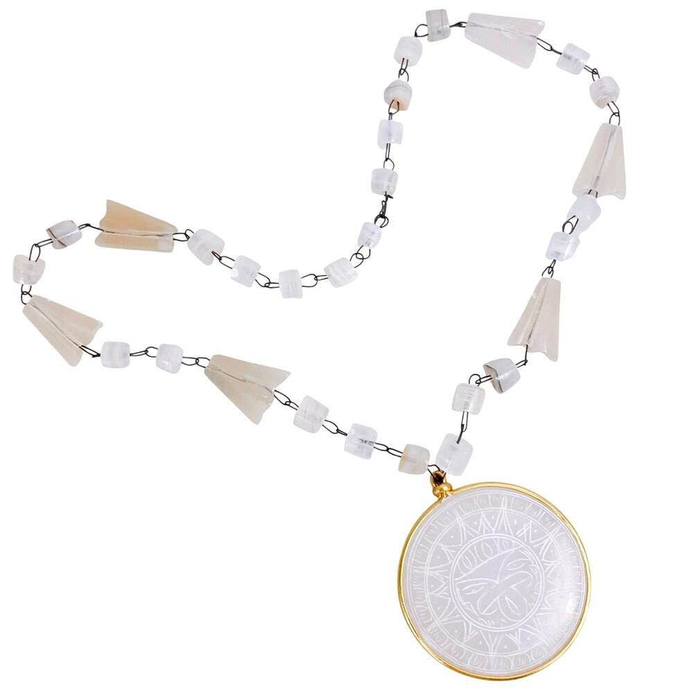 Vintage Aztec Sun Pendant Necklace, White Glass Silver Tone Metal Linked Beads